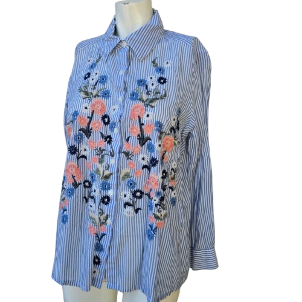 Style & Co. Striped Floral Embroidered Button-Up Shirt Sz M - Picture 3 of 8